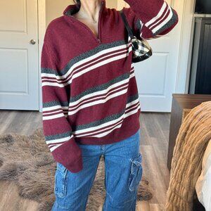 Striped Quarter Zip Knit Sweater Red Thick Pullover Preppy Varsity Retro Y2K